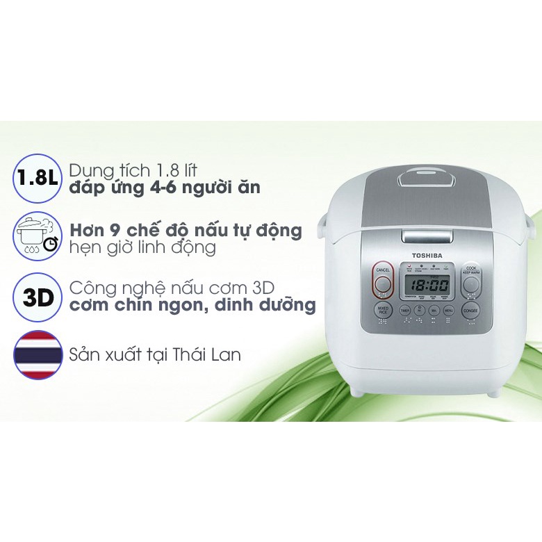 Nồi cơm điện tử Toshiba 1.8 lít RC-18NMFVN(WT) mới 100% ( SX thái lan ) hàng chính hãng, đa chức năng nấu tự động