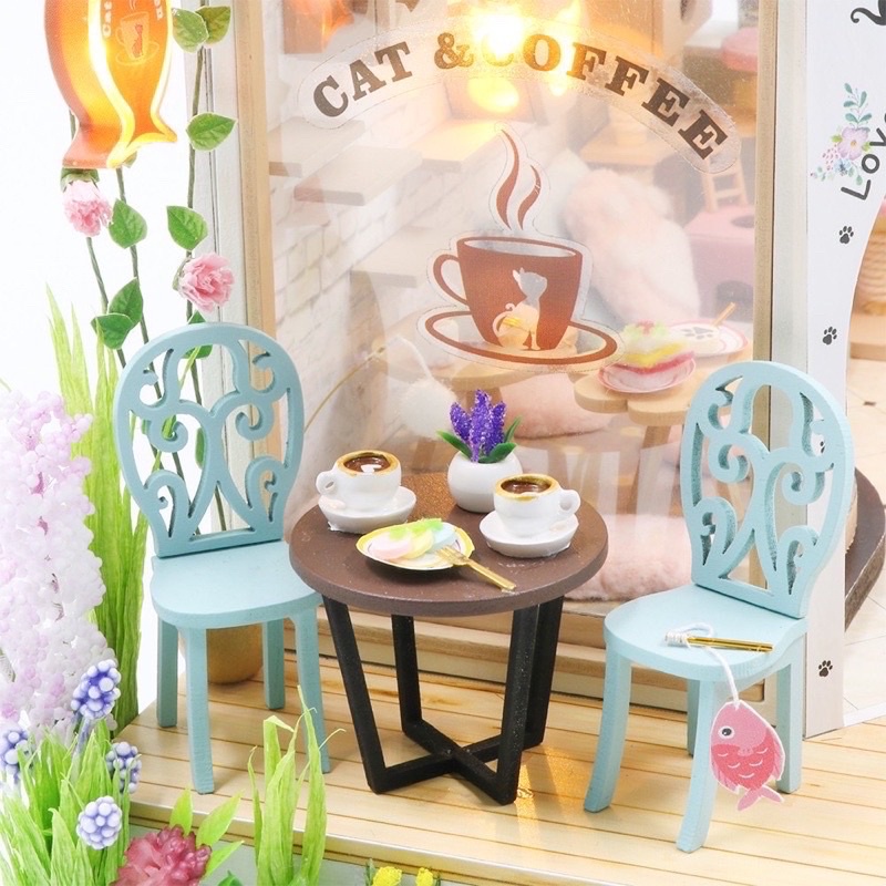 (Tặng mica,keo sữa,đèn)Mô hình gỗ bé lắp ráp đô chơi Diy house doll Nhà búp bê tự làm tiệm cafe mèo M2111