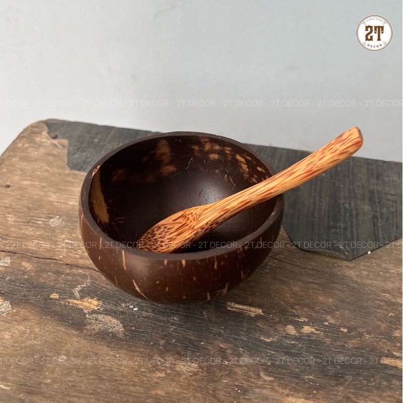 Combo 2 món gáo dừa mini + muỗng ( thìa) gỗ dừa 12cm, dùng đựng kem, ăn chè , decor , trộn mặt nạ