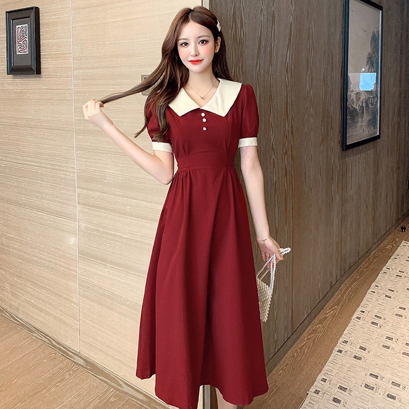Đầm Dài Tay Ngắn Cổ Peter Pan Màu Đỏ Đen Thời Trang Mùa Hè 2023 Cho Nữ