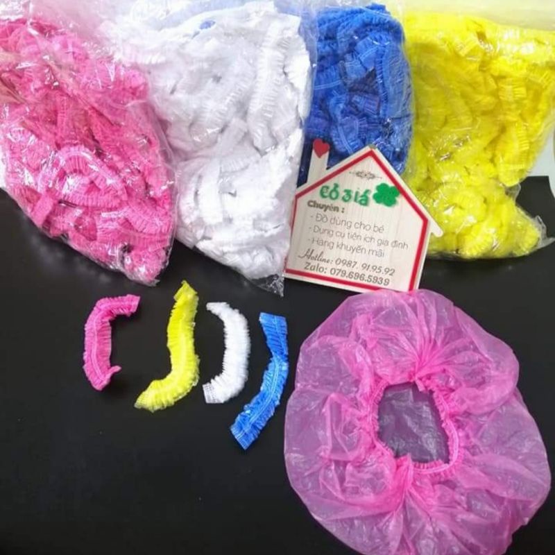 Gói 100 cái mũ trùm tóc nilon nhựa PE mỏng,dùng 1 lần