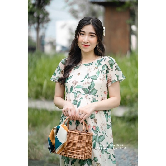 Celia Dress - Đầm bầu voan tơ babydoll họa tiết lá nhẹ mát mùa hè