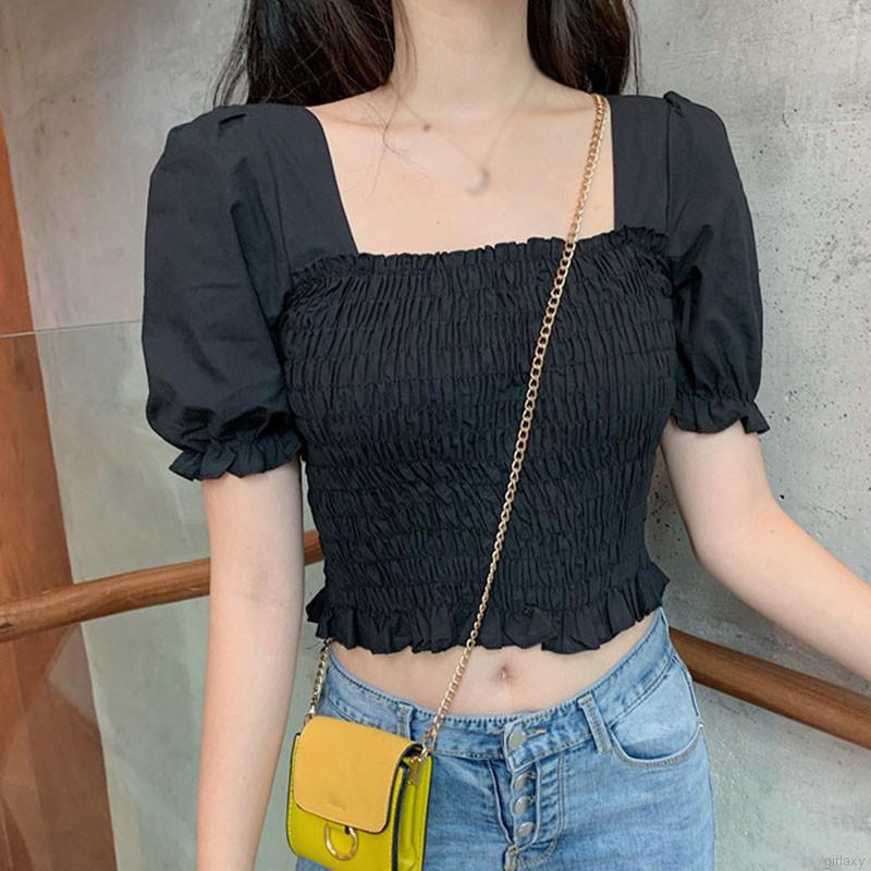 Áo Kiểu Tay Ngắn Cổ Vuông Thời Trang Hàn Quốc Xinh Xắn Dành Cho Nữ