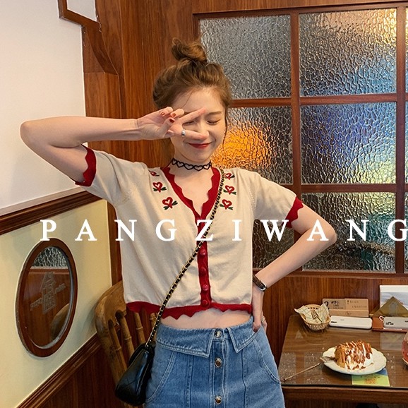 Áo croptop dệt kim ngắn tay thêu họa tiết phong cách retro cho nữ | BigBuy360 - bigbuy360.vn