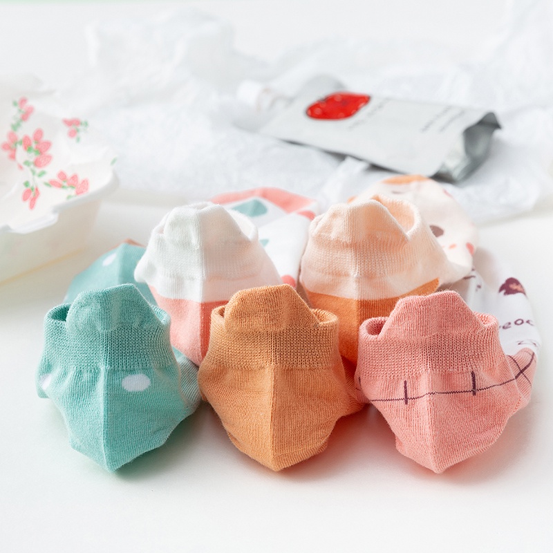 Vớ cotton cổ cao tới mắt cá chân có phần gót họa tiết hoa/ trái cây/ chấm bi thời trang thường ngày đáng yêu cho nữ