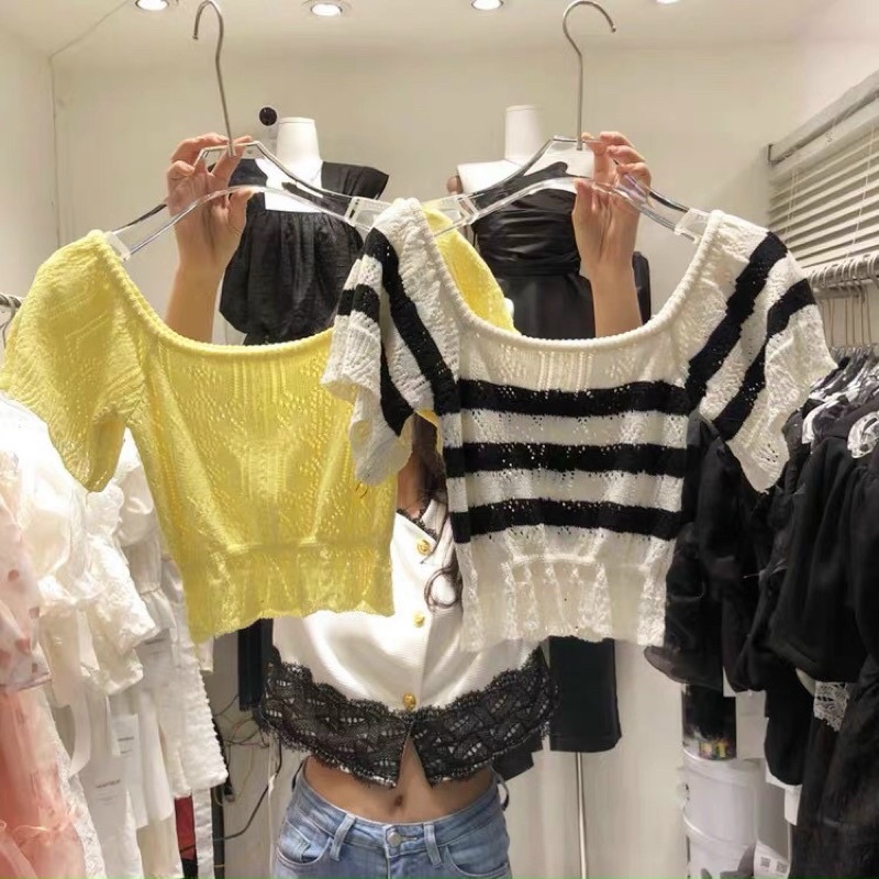 Áo len nữ tay cộc cánh tiên bẹt vai dáng croptop hot