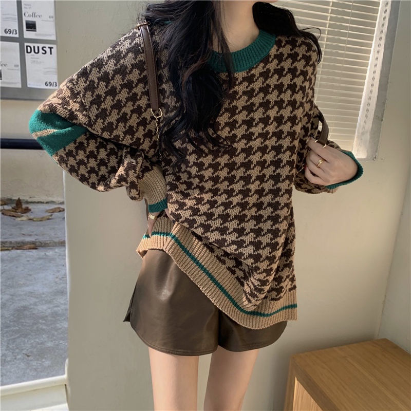 Áo Sweater Dệt Kim Tay Dài Dáng Rộng Kiểu Vintage Phương Tây Thời Trang Mùa Thu Cho Nữ