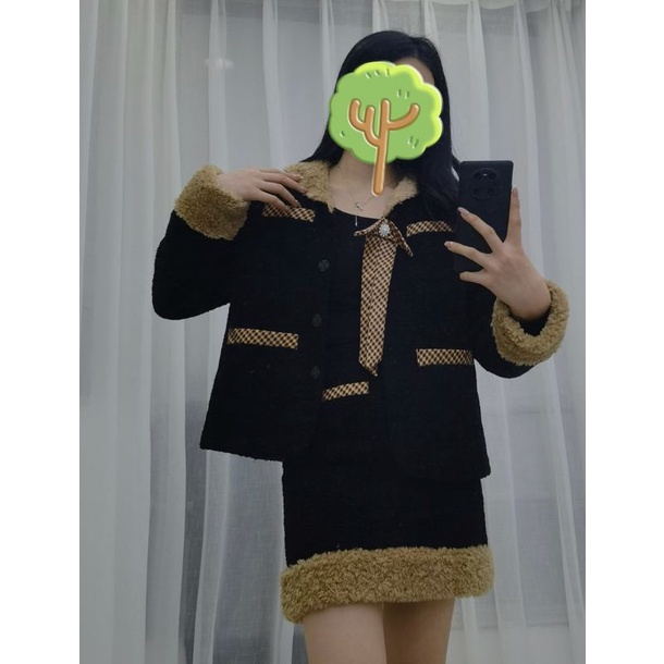 ẢNH THẬT Set Áo Khoác Chân Váy Dạ Đen Viền Bông