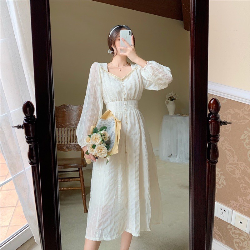 Đầm tiểu thư trắng dáng dài ulzzang