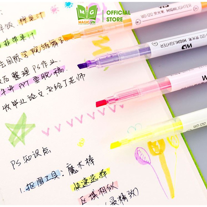 Bút Highlight Dạ Quang 2 Đầu Pastel MAGIC Bút Nhớ Đánh Dấu Trang Trí Sổ Bullet Journal 6 & 12 Màu, Văn Phòng Phẩm BH1