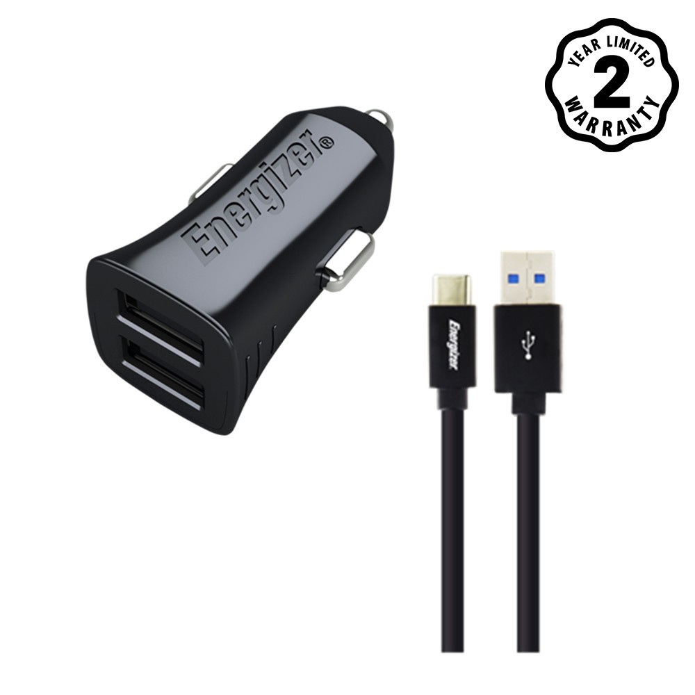 Sạc ô-tô Energizer 2.4A 2USB màu đen kèm cáp USB-C2.0 - DCA2BHC23