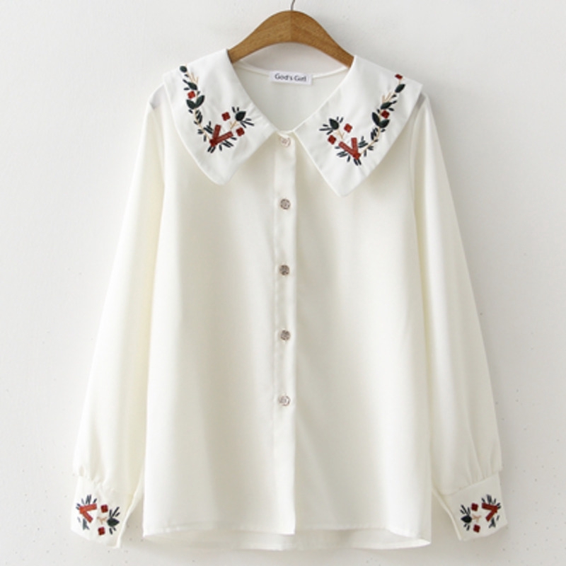 Áo sơ mi voan dài tay thêu hoa phong cách Hàn Quốc thanh lịch dành cho nữ | BigBuy360 - bigbuy360.vn