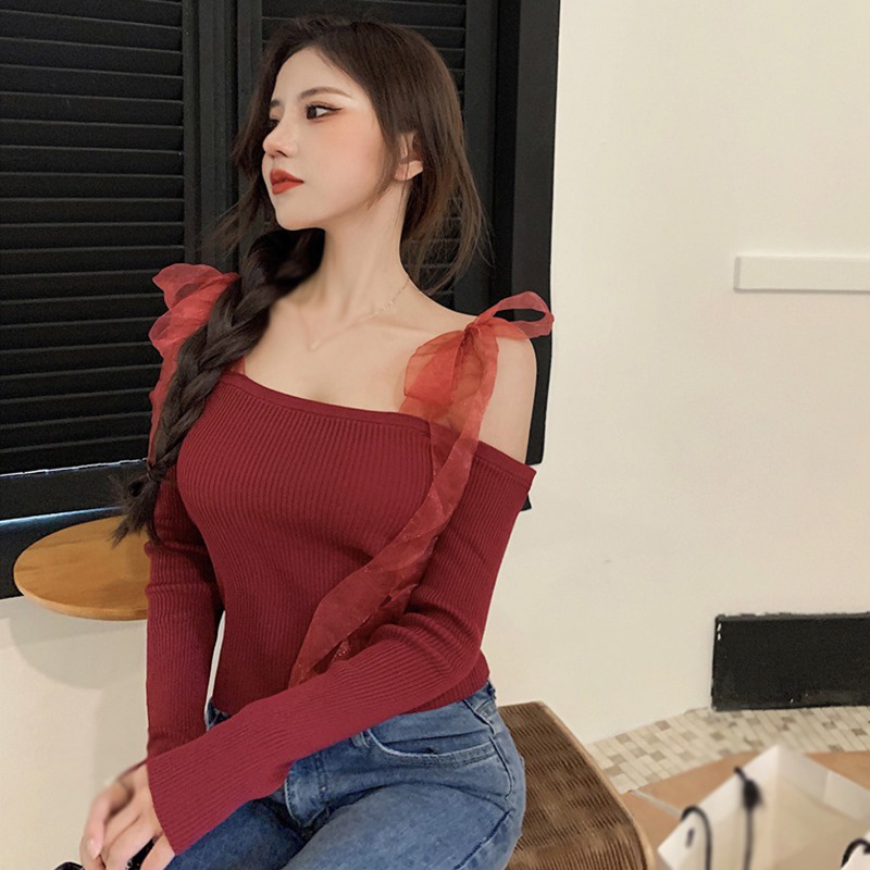 Áo Hai Dây Dệt Kim Màu Sắc Trơn Phối Lưới Đính Nơ Phong Cách Hàn Quốc Gợi Cảm Cho Nữ