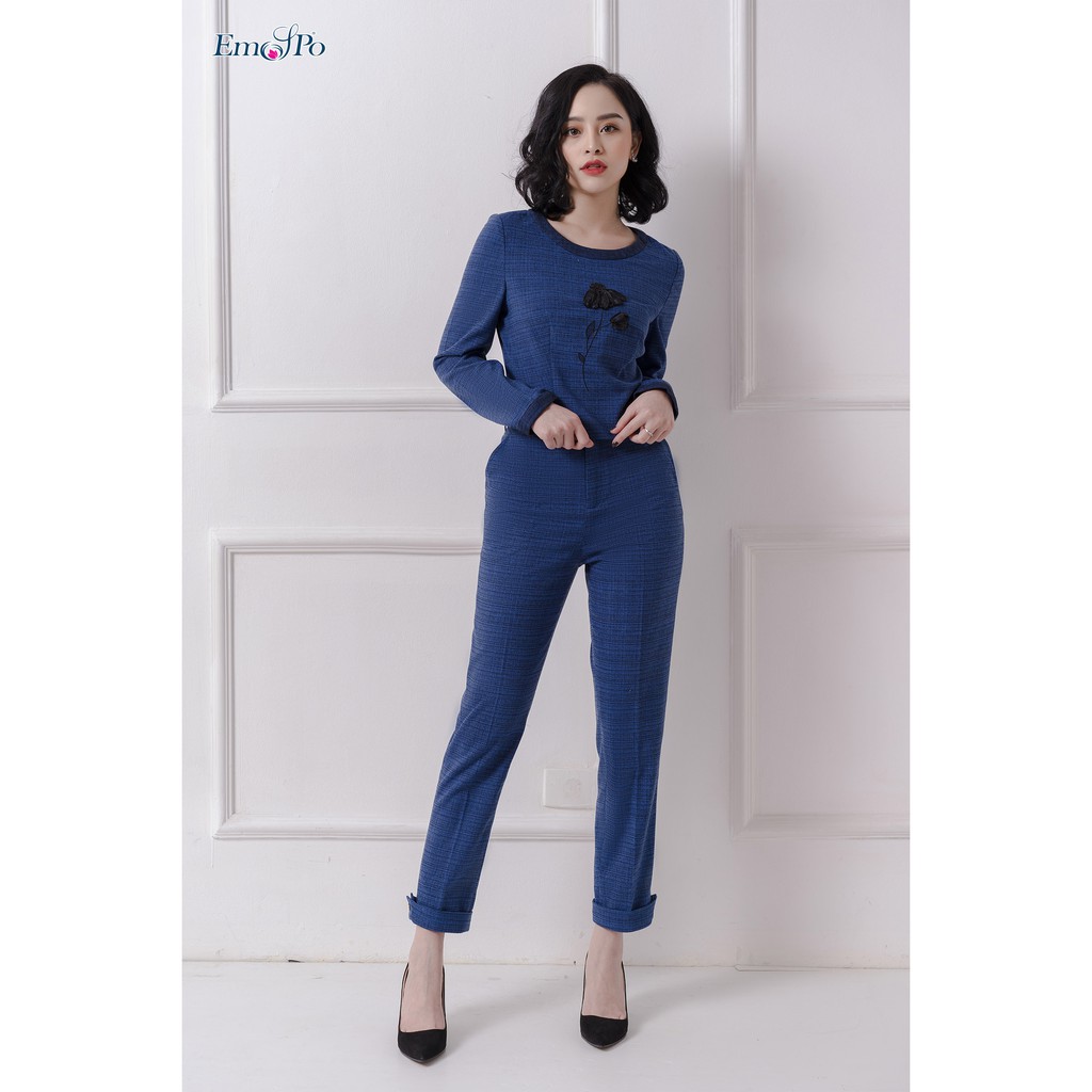 [Mã LT50 giảm 50k đơn 250k] Áo sơ mi cổ tròn, đáp bọc ren, họa tiết hoa Emspo AG0001 (Xanh, Ghi)