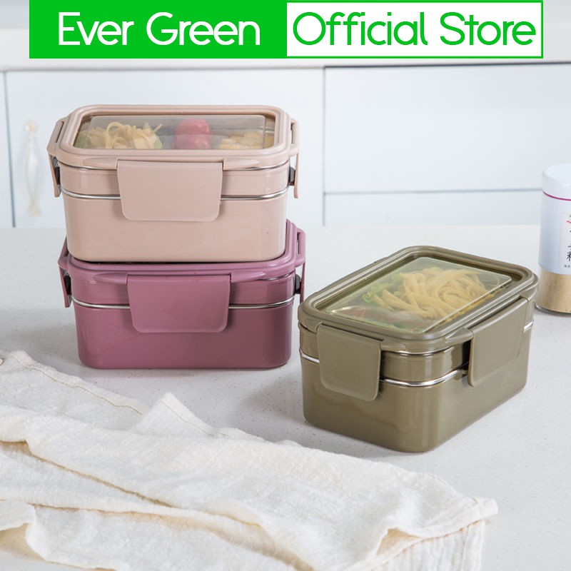 Hộp cơm giữ nhiệt 2 tầng ruột inox 304, hộp cơm văn phòng giữ nhiệt tiện dụng EVERGREEN