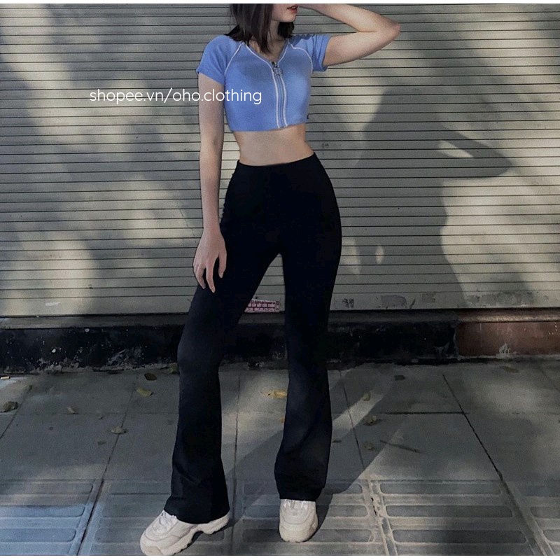 Quần ống loe nhẹ nữ cạp cao siêu hack dáng legging dáng dài đen cá tính VENUSA Q001