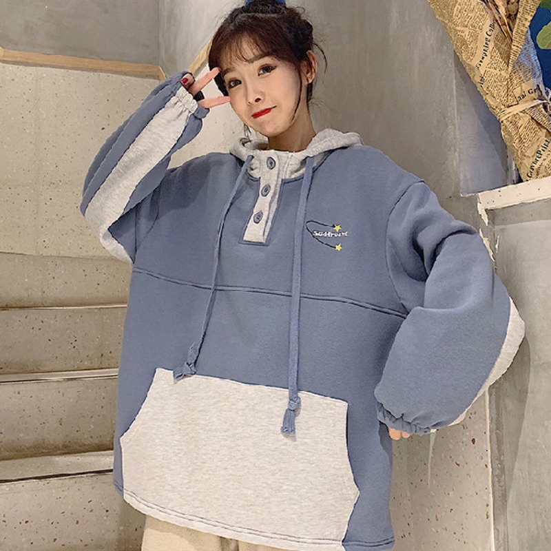 Áo hoodie dài tay màu sắc tương phản phong cách Hàn Quốc