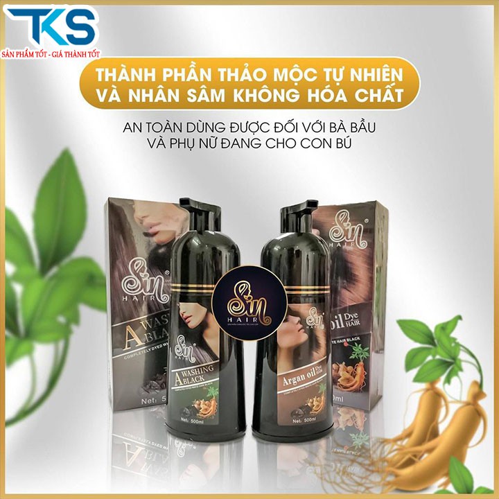 Dầu gội đầu thảo dược nhân sâm Sin Hair nhuộm tóc Đen/Nâu giúp phủ kín tóc bạc cho người già