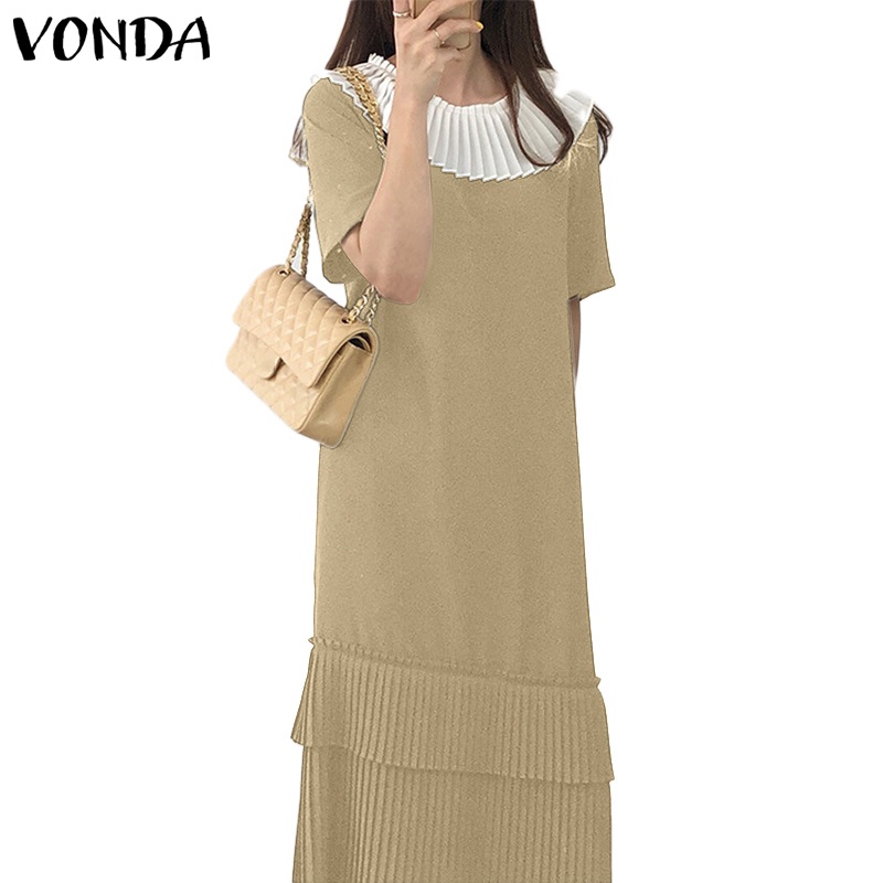Đầm VONDA tay ngắn xếp ly màu trơn thời trang mùa hè phong cách Hàn Quốc dành cho nữ