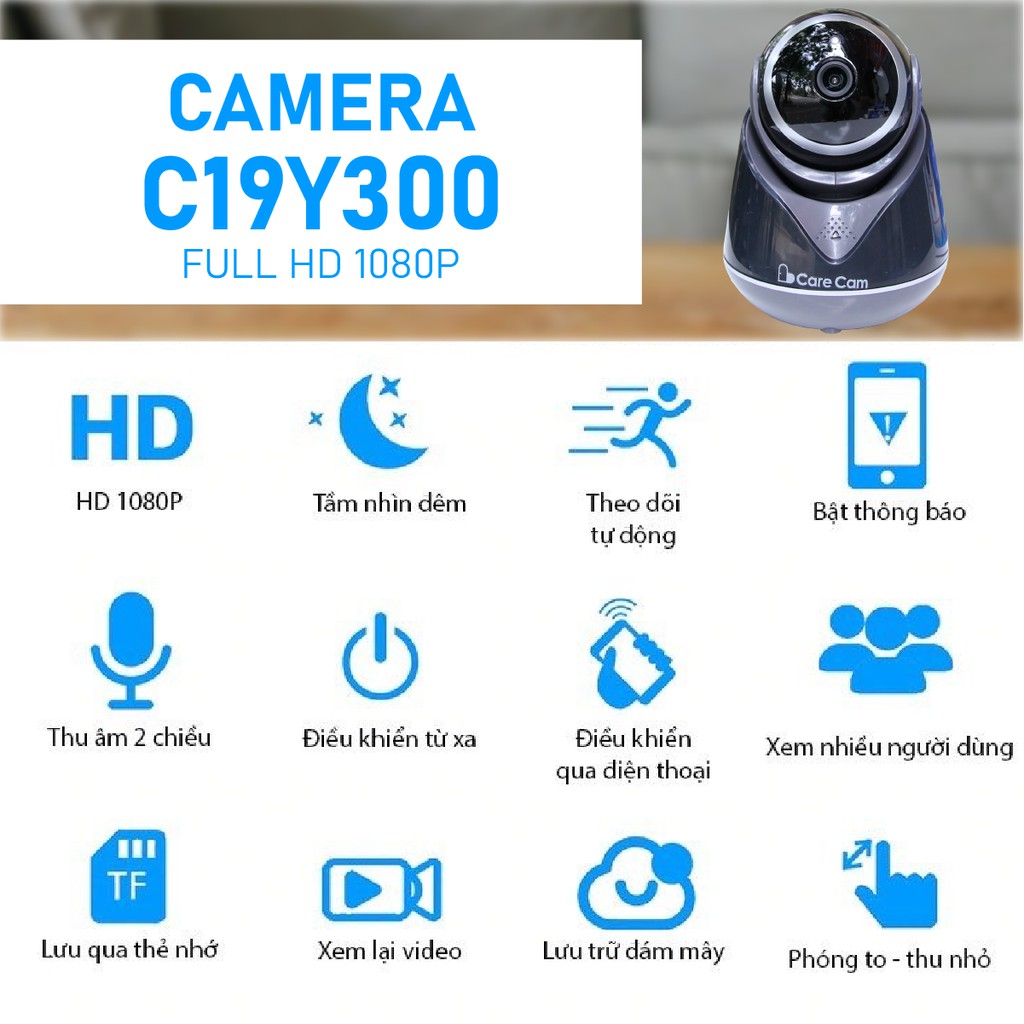 Camera wifi trong nhà Carecam C19Y300 3.0MP Full HD 1080P, tự động theo dõi con người.