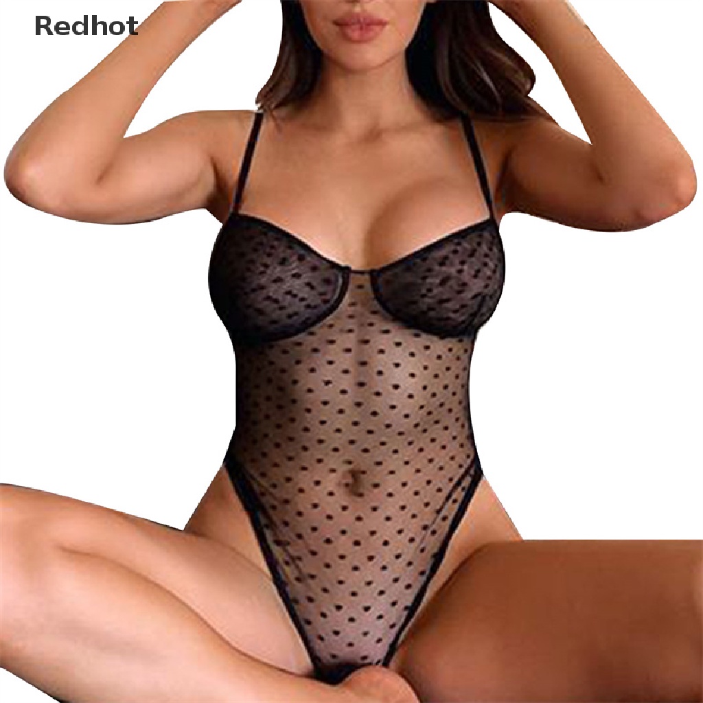 &lt; Redhot &gt; Bộ Đồ Ngủ Lưới Trong Suốt Họa Tiết Chấm Bi Gợi Cảm Nóng Bỏng