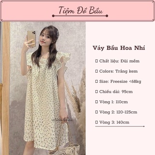 Váy bầu thời trang hoa nhí vintage màu trắng kem bèo vai_Đầm bầu dạo phố xinh