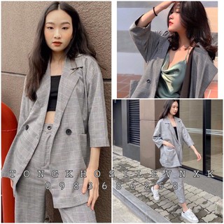 Set áo khoác vest tay lửng kẻ sọc mix quần baggy caro ulzzang