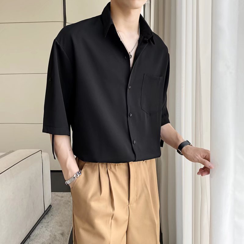 Áo Sơ Mi Lụa Lạnh Mỏng Tay Ngắn Co Giãn Tốt Cài Nút Màu Trơn Thời Trang Mùa Hè Chất Lượng Cao Phong Cách Hàn Quốc Cho Nam 2022
