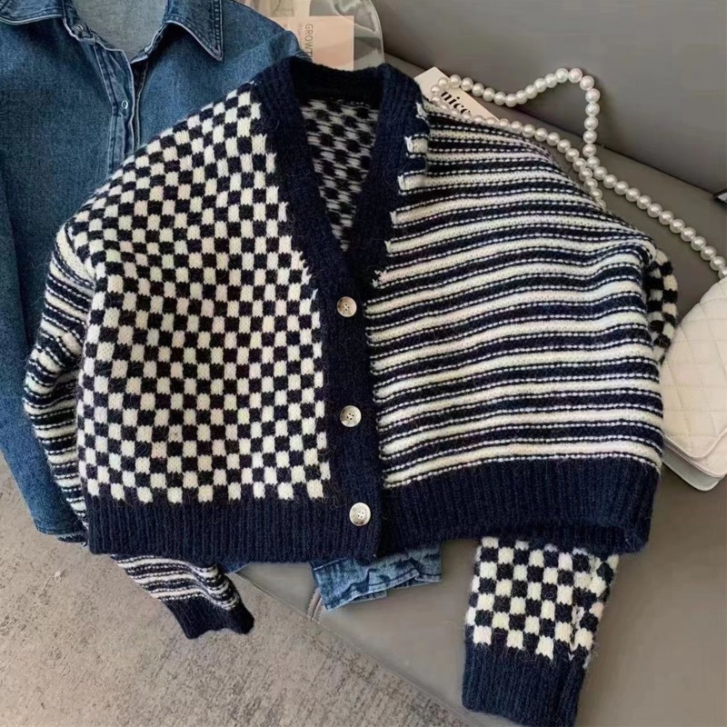 Áo Sweater Tay Dài Họa Tiết Sọc Caro Áo Khoác Dệt Kim Màu Sắc Tương Phản Thời Trang Mùa Thu Cho Nữ