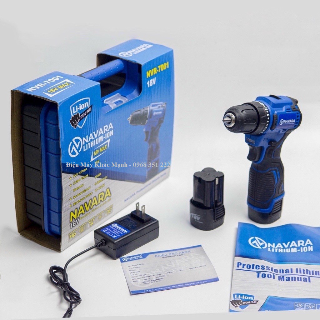 MÁY KHOAN PIN NAVARA NVR-7001 18V ĐỘNG CƠ KHÔNG CHỔI THAN, PIN 4 CELL