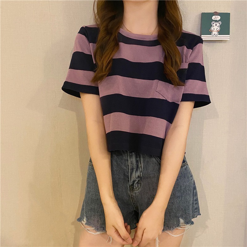 Áo thun dệt kim ZHELIHANGFEI ngắn tay họa tiết kẻ sọc trẻ trung cá tính