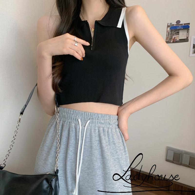 Áo Croptop Sát Nách Cổ Bẻ Cài Khóa Kéo Thời Trang Mùa Hè Cho Nữ