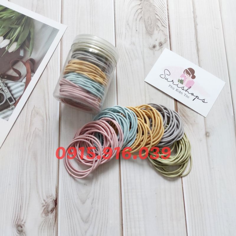 Set 100 Dây Thun Cột Tóc Đơn Giản, Thun cột tóc có hộp đựng