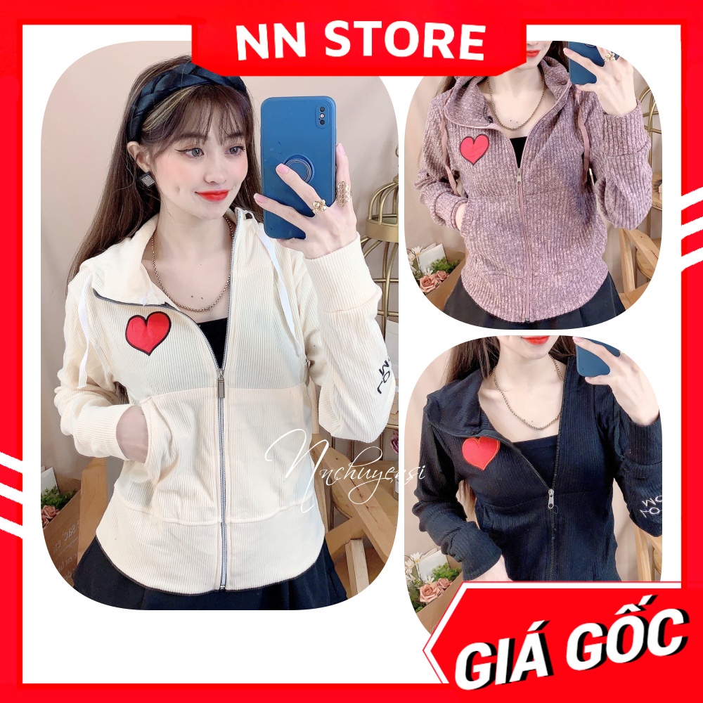 Áo khoác nữ có nón chất thun gân tăm mềm mát co giãn lên phom siêu ôm dáng thêu tim dễ thương TP116