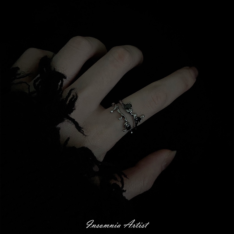 Nhẫn Đính Đá Đen Hai Lớp Phong Cách Hàn Quốc Cao Cấp