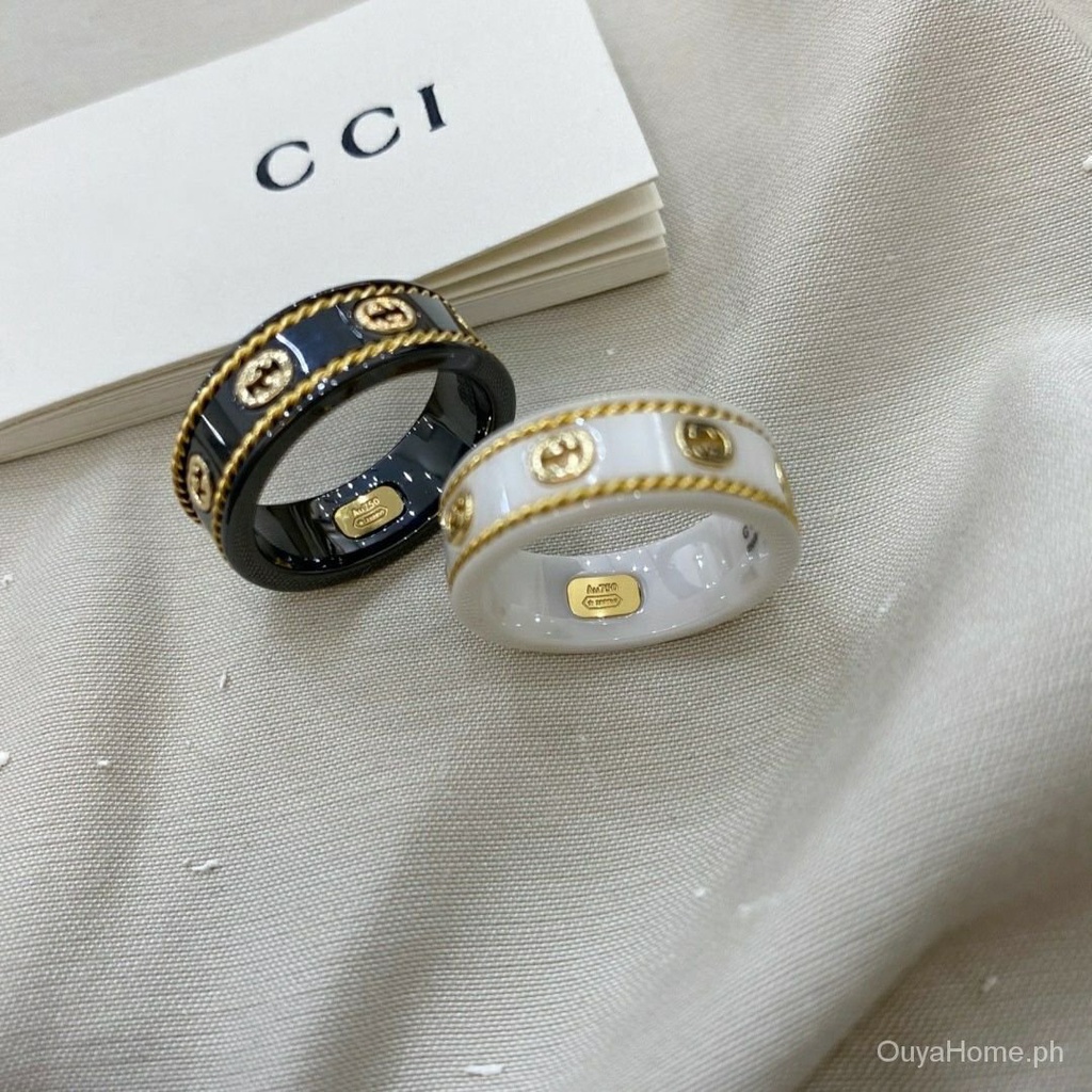 Nhẫn Cặp Bằng Gốm Sứ Trắng Đen Cổ Điển Hai Góc Hình Hành Tinh Ong Hành Tinh Xoắn Viền Vàng Cho Nam Và Nữ HlvH