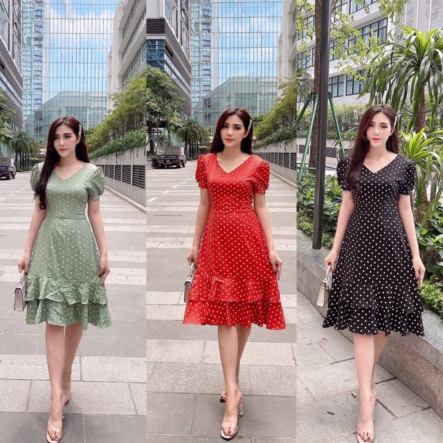 Đầm xòe chấm bi tay phồng (đầm dự tiệc cao cấp) tặng hoa tai thời trang