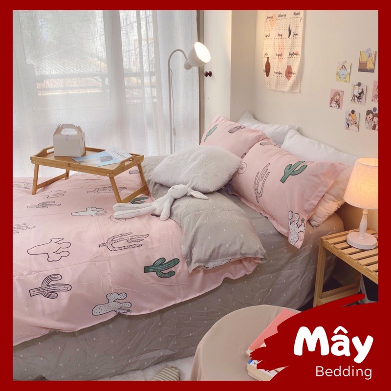 Bộ chăn ga gối Cotton Poly họa tiết xương rồng màu hồng xám đủ kích thước MÂY BEDDING