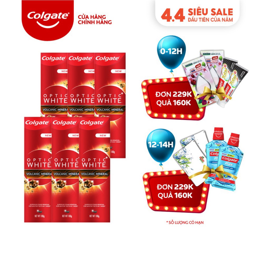 Bộ 6 kem đánh răng làm trắng sáng Colgate Optic White từ khoáng núi lửa Hàn Quốc 100g/tuýp