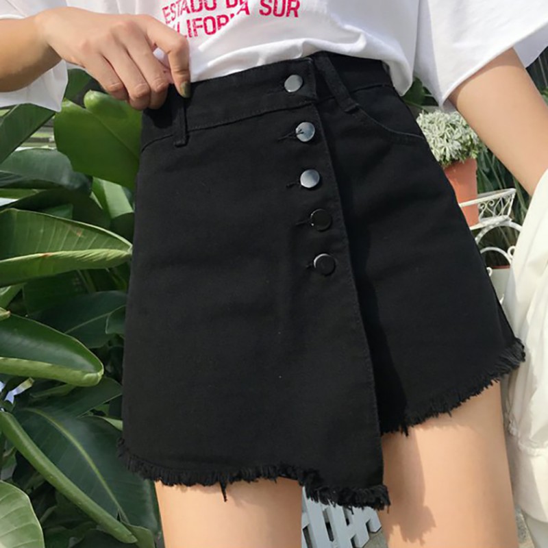 Chân Váy Ngắn Denim Lưng Cao Phối Nút Thiết Kế Dáng Chữ A Thanh Lịch Thời Trang