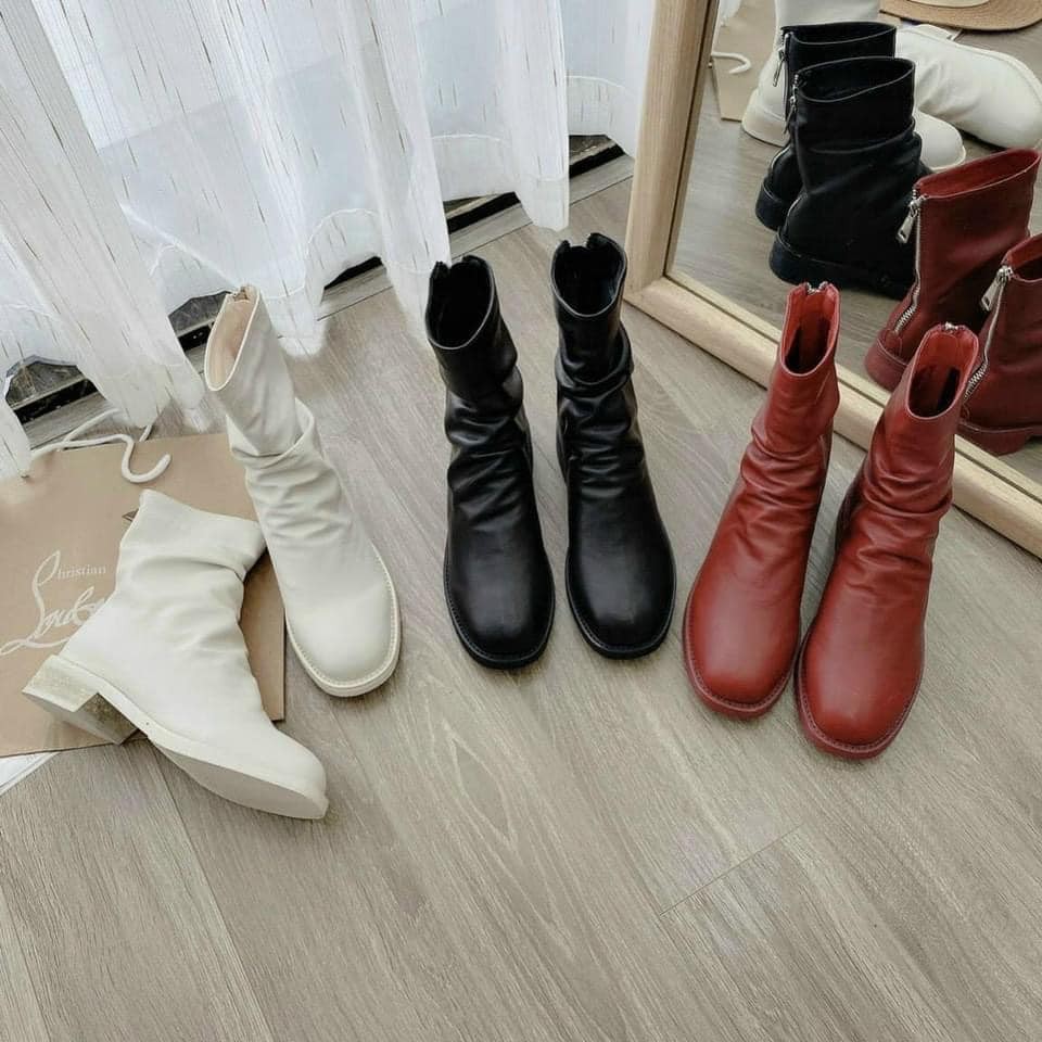 Bốt da nhăn cổ lửng hot trend 3 màu đen -trắng- đỏ | BigBuy360 - bigbuy360.vn