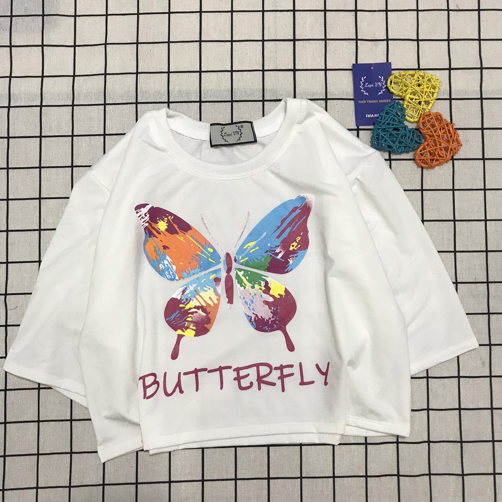 Áo Croptop Nữ Tay Lỡ In Hình Bướm Butterfly  Lapi VN Phong Cách Ulzzang  Freesize Phom Rộng, Áo Thun Unisex