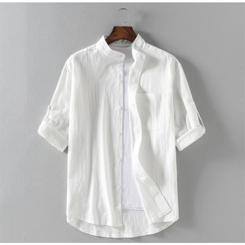Áo Sơ Mi Cotton Lanh Cổ Đứng Dáng Rộng Tay Lửng Thời Trang Mùa Hè 2020 Cho Nam