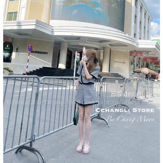 Set kẻ viền đen áo cúc chéo quần ly siêu xinh chuẩn Chang moon