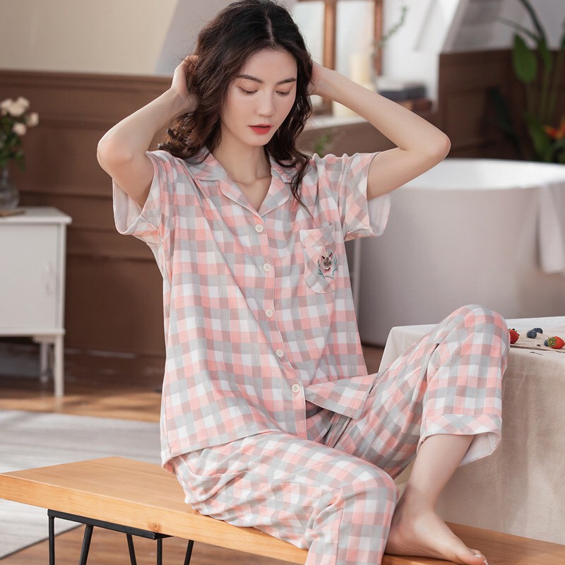 Bộ pyjama thun cotton ngắn tay kẻ caro (C201)
