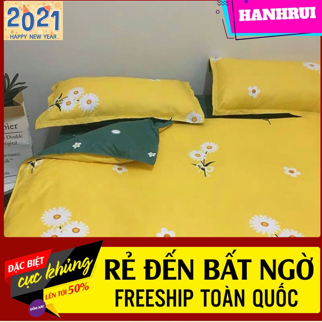 [Bộ ga gối hcm]Bộ ga gối 3 món, gồm 1 ga 2 vỏ gối nằm,vải cotton poly,hoa 3 bông nền vàng