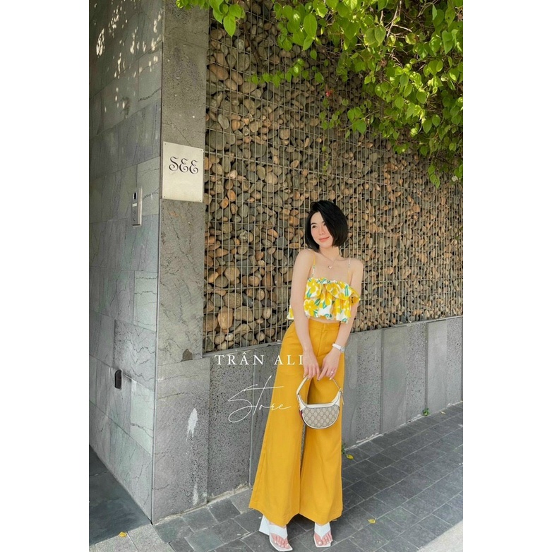 Set Bộ Áo 2S Lụa Vàng Họa Tiết Hoa Mix Quần Ống Rộng - Set Bộ Mặc Đi Chơi Dạo Phố Chanh Xả Dễ Thương