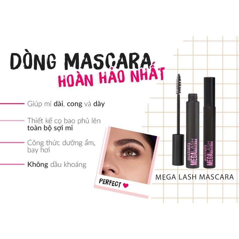 Mascara Dài Mi Không Trôi Chuốt Mi Mega Lash Mascara Waterproof Black Australis