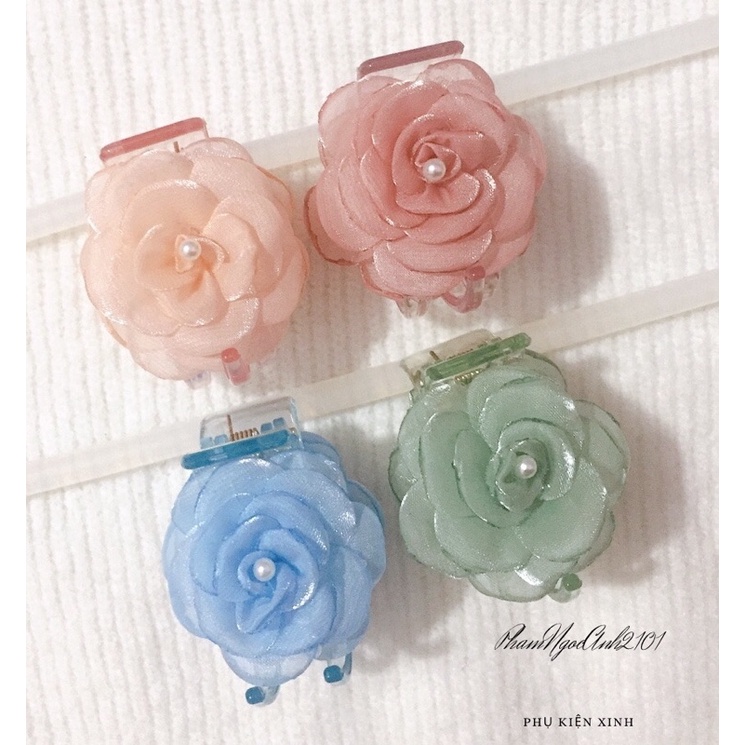 Kẹp càng cua 3 răng hoa hồng organza