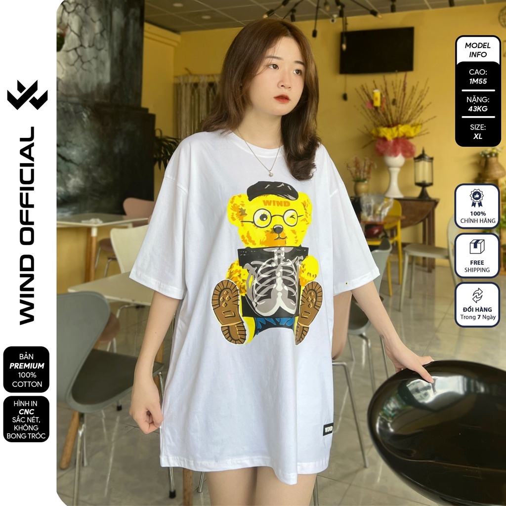 Áo thun tay lỡ form rộng WIND phông unisex 65% Cotton Gấu Vàng nam nữ oversize ulzzang
